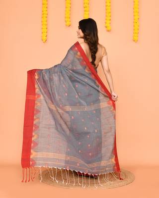 grey cotton blend handloom saree with red temple border 4