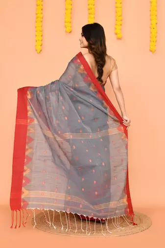 grey cotton blend handloom saree with red temple border