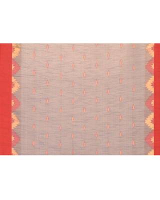 grey cotton blend handloom saree with red temple border 5