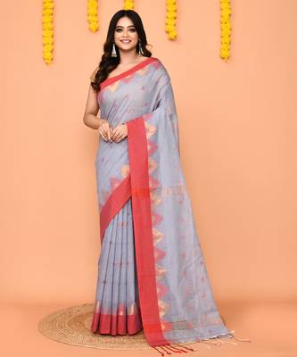 sky blue cotton blend handloom saree with red temple border 1