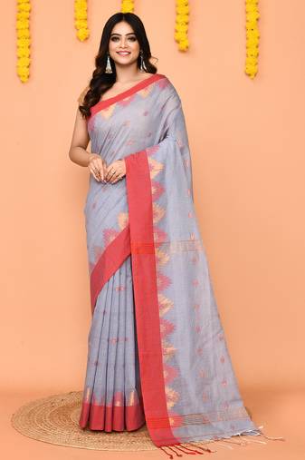 sky blue cotton blend handloom saree with red temple border