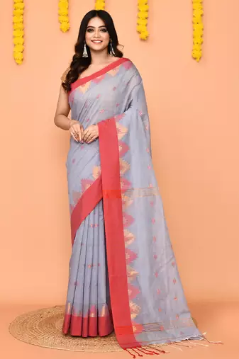 sky blue cotton blend handloom saree with red temple border