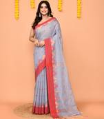 sky blue cotton blend handloom saree with red temple border