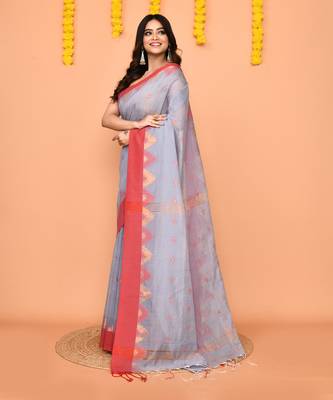 sky blue cotton blend handloom saree with red temple border 2