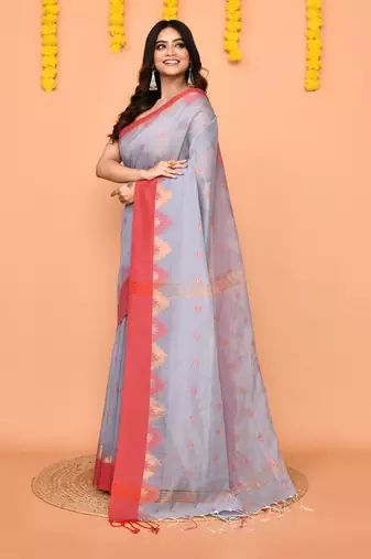 sky blue cotton blend handloom saree with red temple border