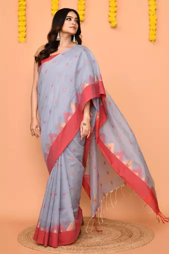 sky blue cotton blend handloom saree with red temple border