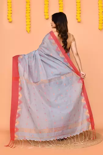 sky blue cotton blend handloom saree with red temple border