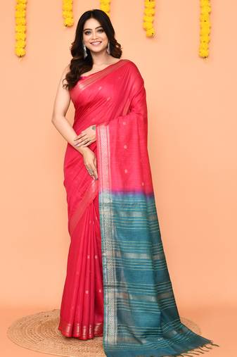 handloom rani blend silk saree with zari border