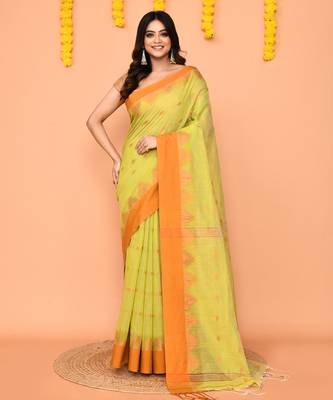 lime yellow cotton blend handloom saree with brown temple border 1