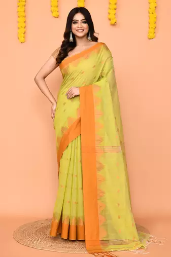 lime yellow cotton blend handloom saree with brown temple border