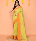 lime yellow cotton blend handloom saree with brown temple border