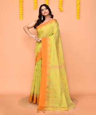 lime yellow cotton blend handloom saree with brown temple border 2