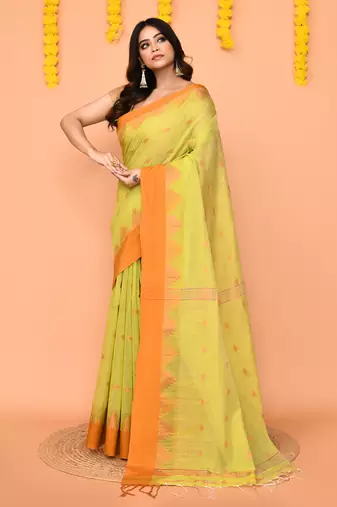 lime yellow cotton blend handloom saree with brown temple border
