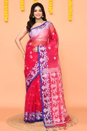 rani pink resham silk jamdani saree