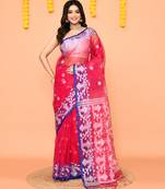 rani pink resham silk jamdani saree