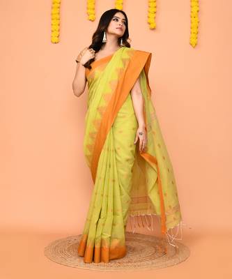 lime yellow cotton blend handloom saree with brown temple border 3