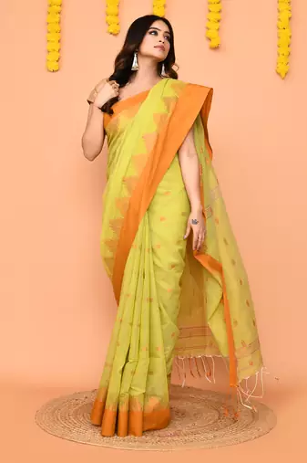 lime yellow cotton blend handloom saree with brown temple border