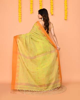 lime yellow cotton blend handloom saree with brown temple border 4