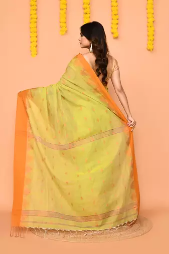 lime yellow cotton blend handloom saree with brown temple border