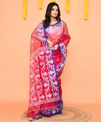 rani pink resham silk jamdani saree 3
