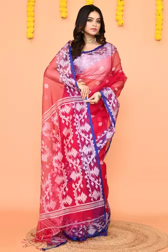 rani pink resham silk jamdani saree