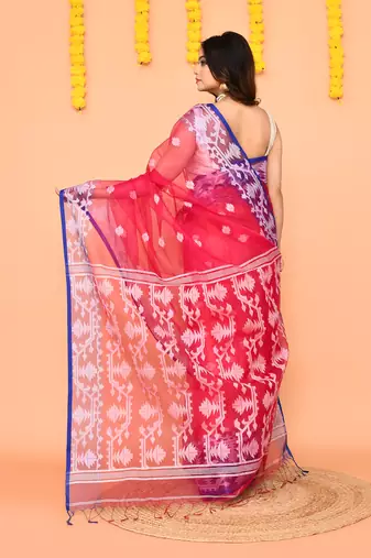 rani pink resham silk jamdani saree