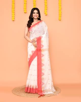 white cotton blend handloom saree with red temple border 1