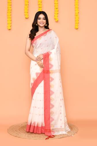 white cotton blend handloom saree with red temple border