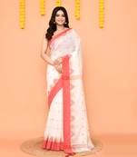 white cotton blend handloom saree with red temple border
