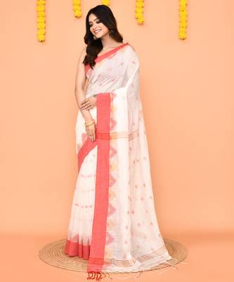 white cotton blend handloom saree with red temple border 2