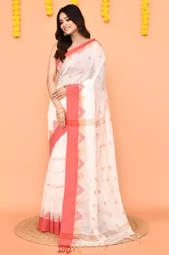 white cotton blend handloom saree with red temple border