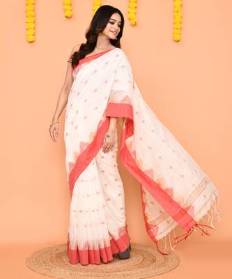 white cotton blend handloom saree with red temple border 3
