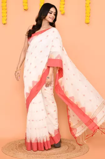 white cotton blend handloom saree with red temple border