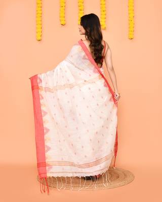 white cotton blend handloom saree with red temple border 4