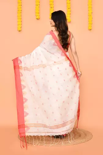 white cotton blend handloom saree with red temple border