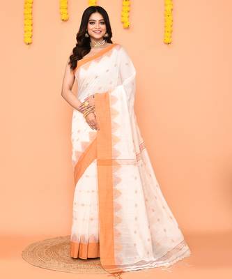 white cotton blend handloom saree with brown temple border 1