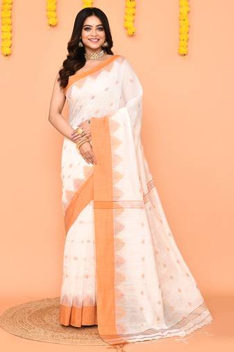 white cotton blend handloom saree with brown temple border
