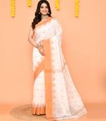 white cotton blend handloom saree with brown temple border