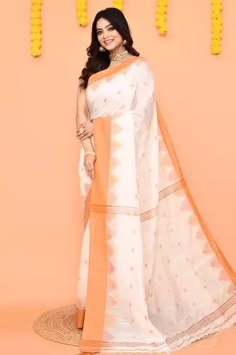 white cotton blend handloom saree with brown temple border