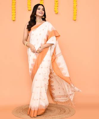 white cotton blend handloom saree with brown temple border 3