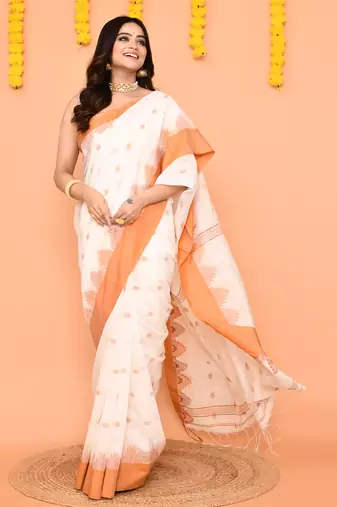 white cotton blend handloom saree with brown temple border
