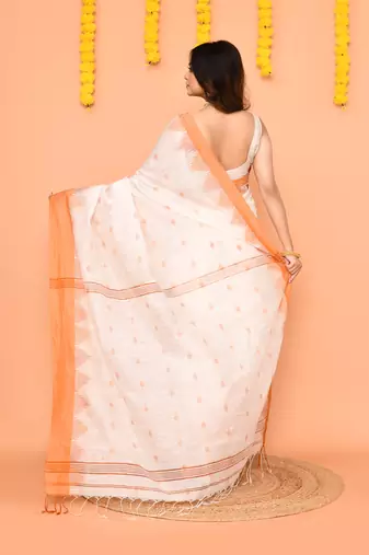 white cotton blend handloom saree with brown temple border