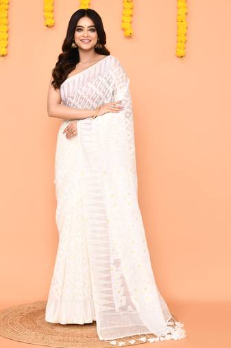 white cotton blend jamdani saree with tassels