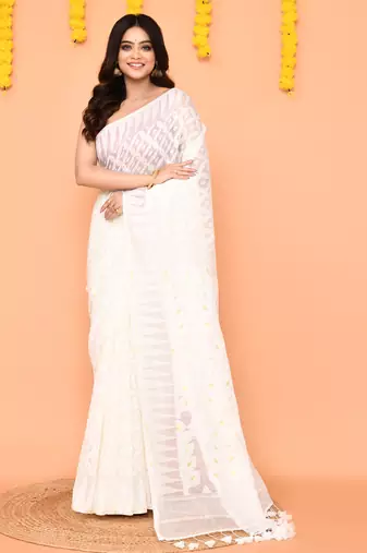 white cotton blend jamdani saree with tassels