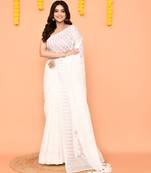 white cotton blend jamdani saree with tassels