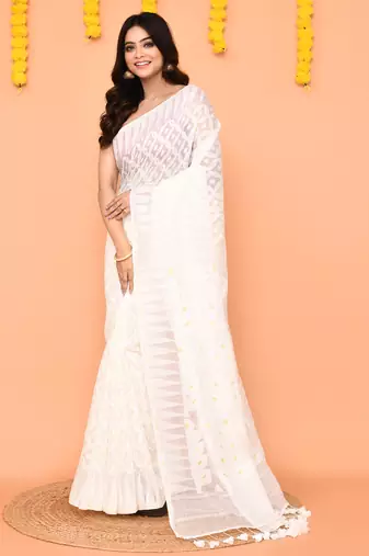 white cotton blend jamdani saree with tassels