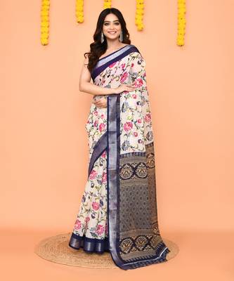 off white printed cotton saree with zari border 1