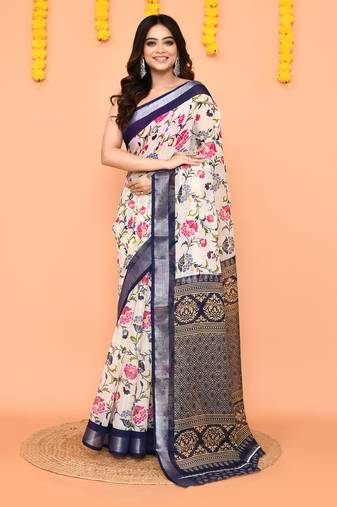 off white printed cotton saree with zari border