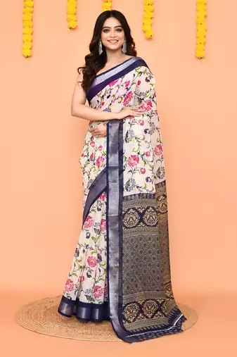 off white printed cotton saree with zari border
