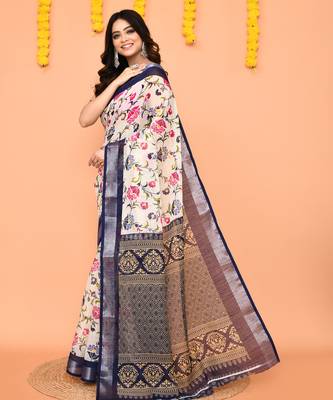 off white printed cotton saree with zari border 2